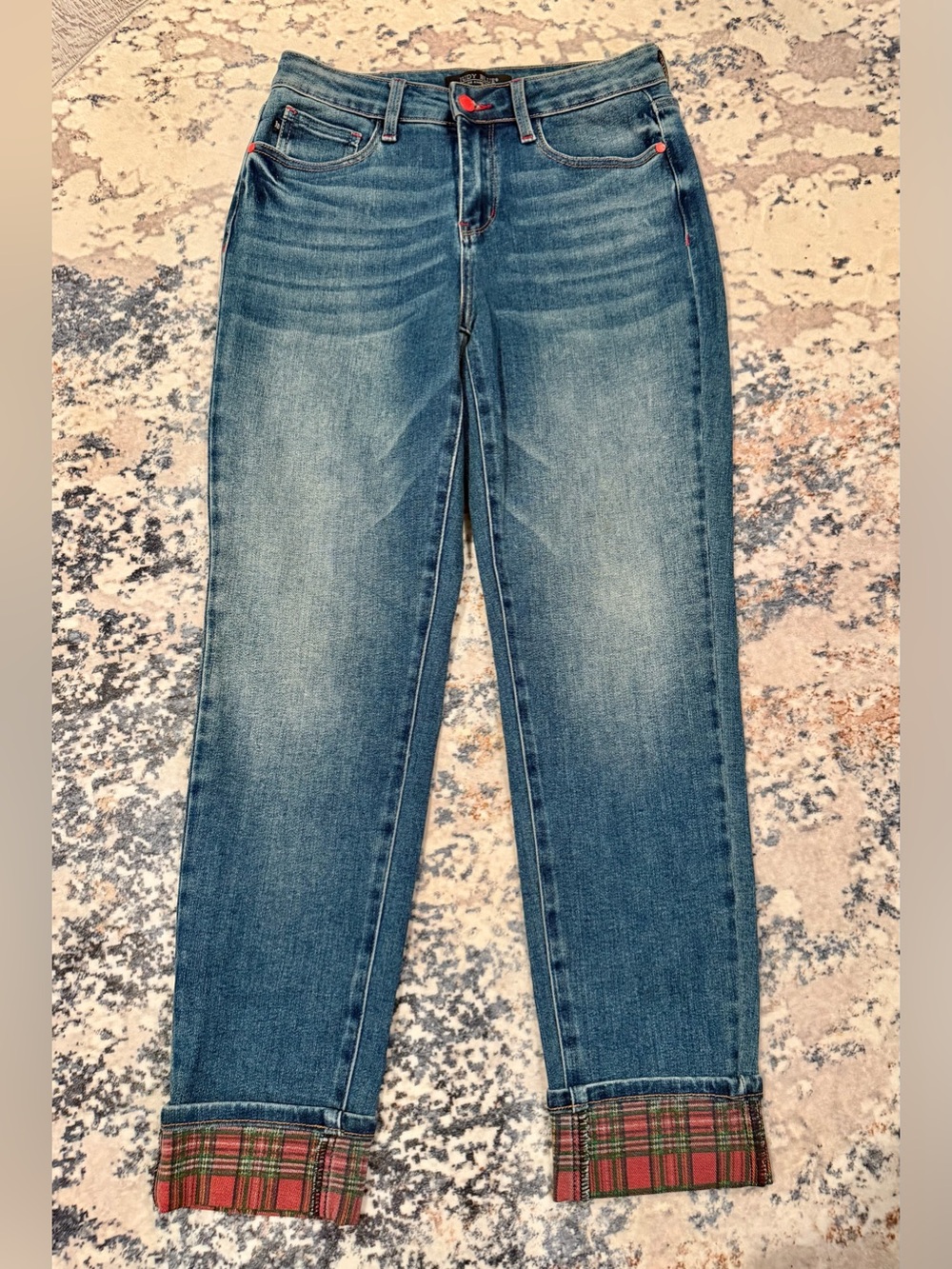 Judy Blue Plaid Cuff Boyfriend Jeans 7/28 NWOT